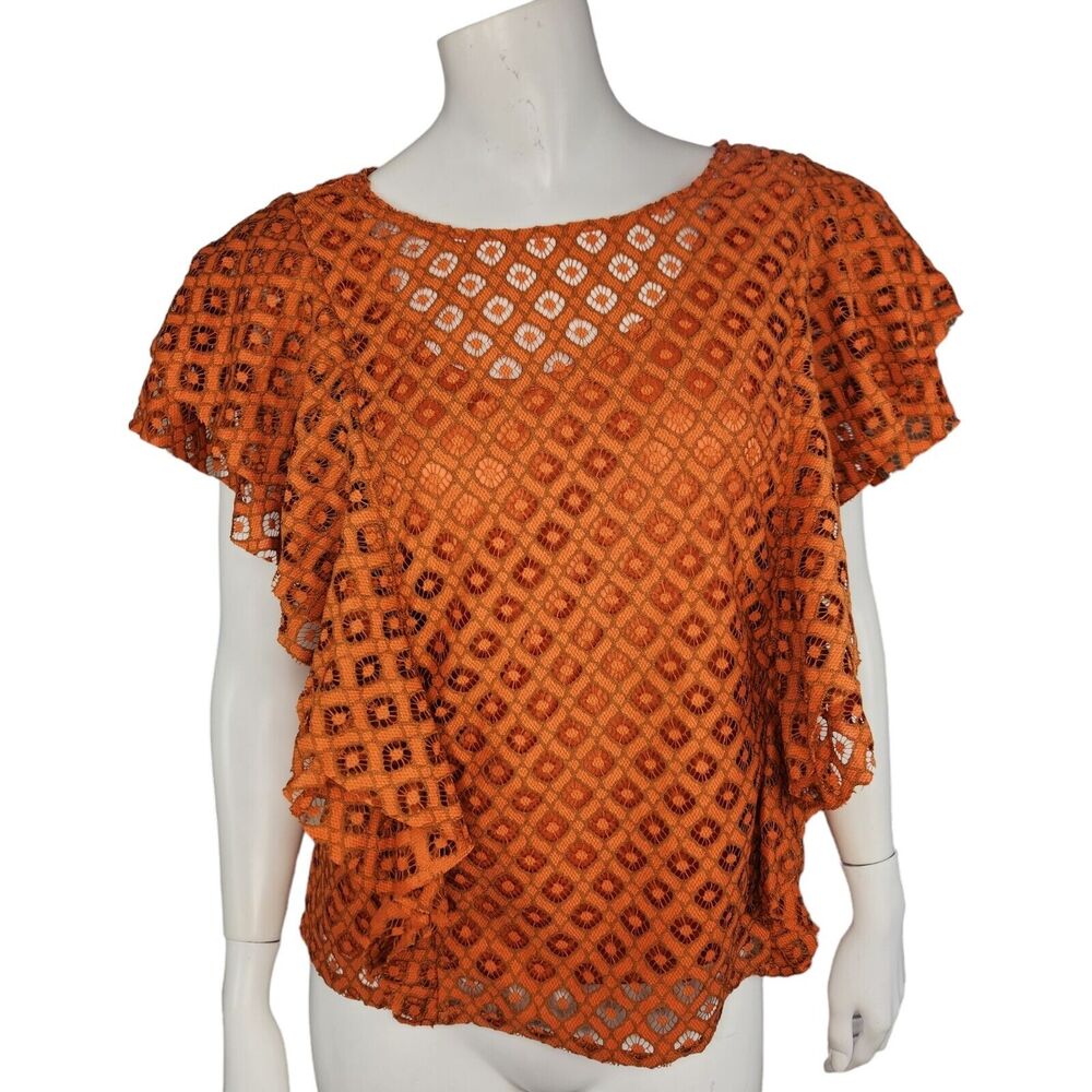 Du Jour Crew Neck Ruffle Lace Top Orange Rust Small A378507 NWOT Ruffle‎ Sleeve